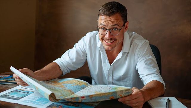 Smiling man studying folded world atlas at desk planning travel routes and itinerary