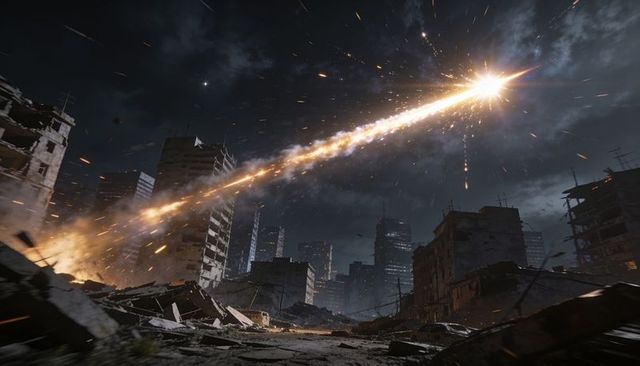 Meteor streaking through night sky over ruined city, fireball scattering sparks and debris