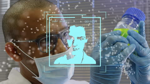 Scientist Analyzing Sample with Digital Overlay and DNA Structure