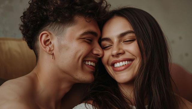 Young couple sharing intimate laugh on couch closeup smiling embracing romantic moment