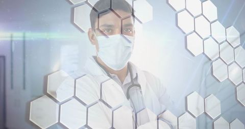 Confident Doctor with Mask and Futuristic Hexagon Technology