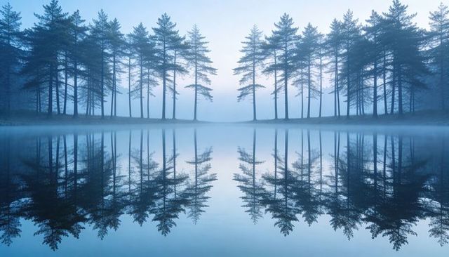 Reflecting Pine Row Mirroring on Misty Lake at Dawn, Symmetrical Blue-Hued Tranquility