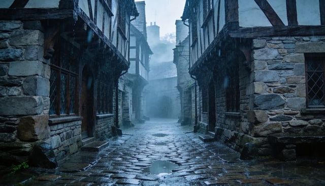 Rain-Soaked Medieval Cobblestone Alley Glistening with Puddles and Misty Archway