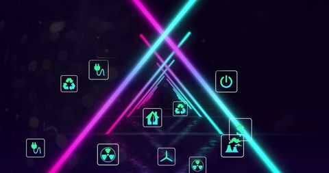 Neon energy tunnel with floating power icons — futuristic cyber tech holographic corridor
