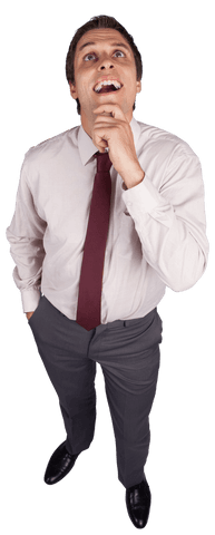 Transparent Businessman Touching Chin Upwards Thoughtful Pose