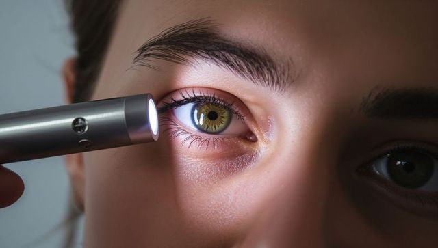Penlight examining green-hazel iris and pupil closeup for ophthalmology and optometry