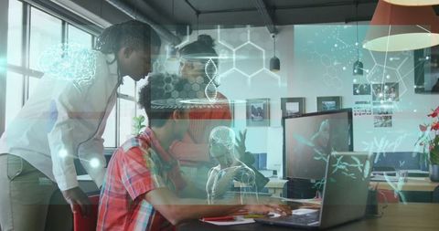 Hybrid workplace: professionals analyzing data with futuristic tech