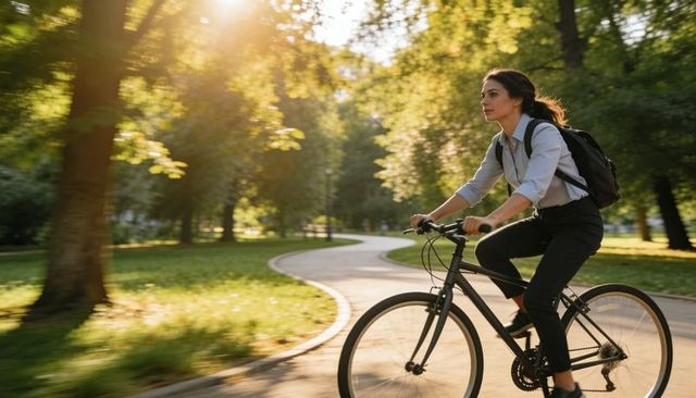 Young woman commuting by bike through sunlit park path at golden hour