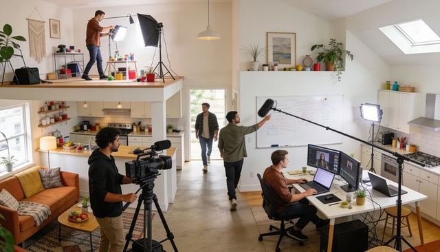 Creative video production team filming and editing interview in modern home studio loft
