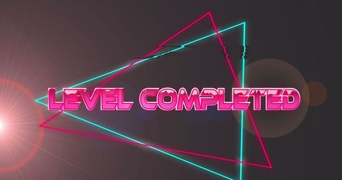 Retro level completed neon text with abstract geometric lines