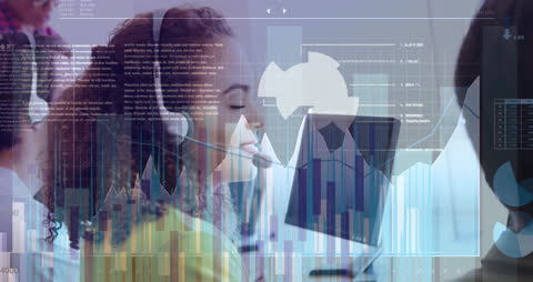 Woman in Office with Data Analytics Technology Graphic Overlay