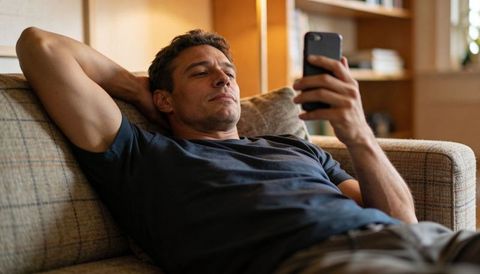 Man lounging on plaid sofa scrolling smartphone in cozy living room with warm light