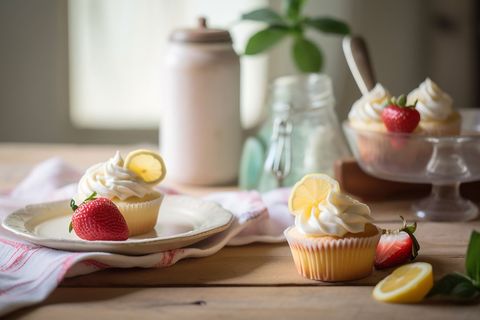 Lemon-Decorated Cupcakes with Fresh Strawberries on Rustic Table