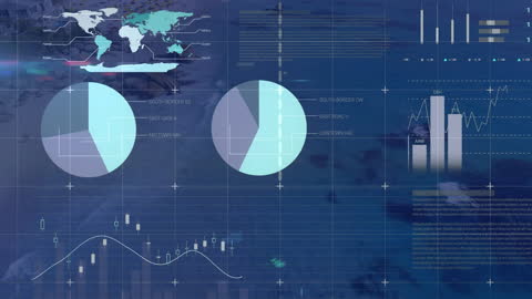 Dynamic presentation merging financial charts and real-world landscape captures attention. Represents global business dynamics, technology integration, digital transformation. Ideal usage includes financial presentations, corporate videos focused on analytics, technology showcases, illustrating data-driven decision making in promotional materials.