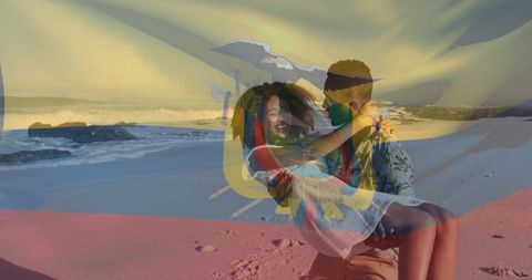 Couple carrying and laughing on sunlit beach with ecuador flag overlay at golden hour