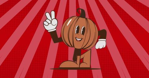 Pumpkin character flashing peace sign on red pop art background