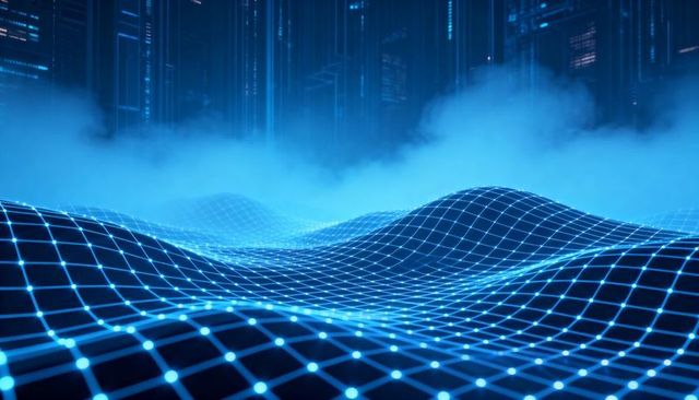 Glowing digital grid undulating toward neon cityscape for futuristic data and ai concepts