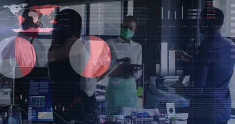 Diverse Business Team Analyzing Global Data with Masks