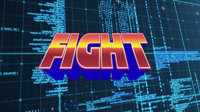 Retro fight text overlaying a data processing background. Great for illustrating concepts of data security, IT, cybersecurity, technology, video games, digital fights, coding, and entertainment industry advertising.