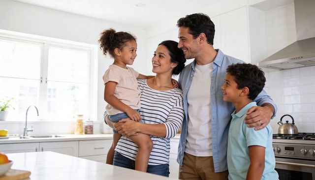 Smiling family of four standing in bright modern kitchen by island and window, sunlit