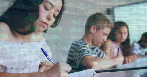 Students Studying with Digital Data Overlay