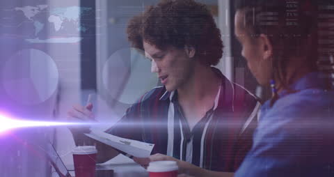 Diverse Colleagues Collaborating in Modern Office with Digital Overlays