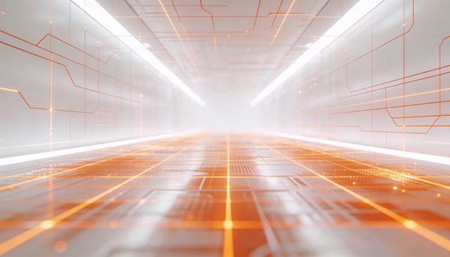 Gliding through futuristic tech corridor with glowing orange grid and reflective floor