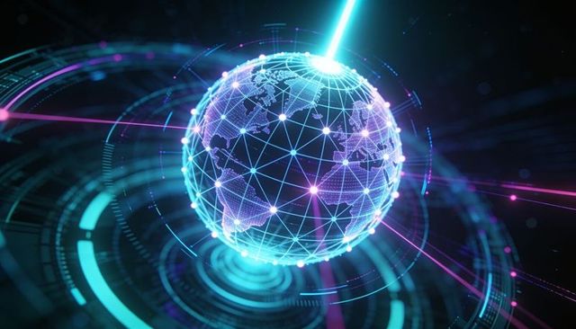 Projecting holographic wireframe globe with neon data beams and global network