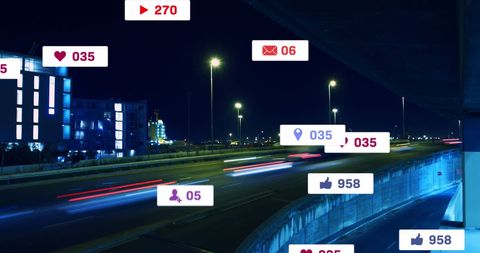 Social Media Notifications Overlay on Nighttime Highway