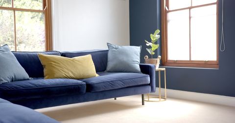 Modern Blue Sofa with Stylish Cushions in Sunlit Living Room - Download Free Stock Images Pikwizard.com