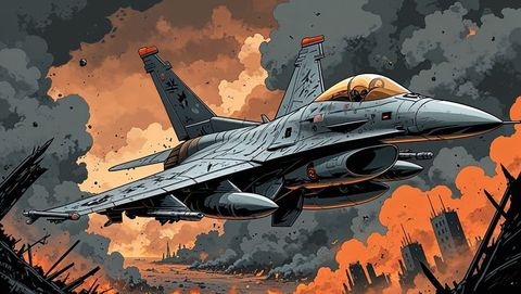 F16 fighter jet racing through war-torn cityscape emphasizing power
