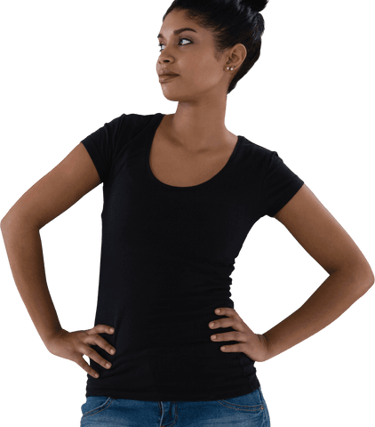 confident young woman posing in black t-shirt on white background - Download Free Stock Videos Pikwizard.com