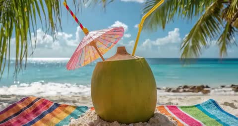 Sunny Tropical Beach with Coconut Drink on Colorful Towel