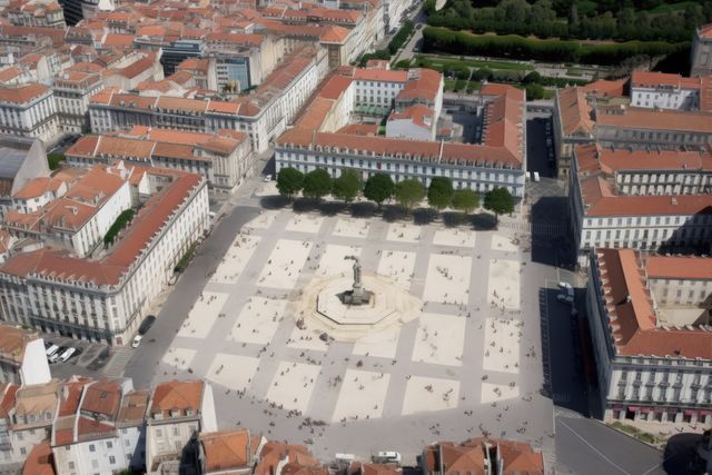 High angle view of monument in 18th century city square, created using generative ai technology. Historical architecture, landmarks and city planning concept digitally generated image.