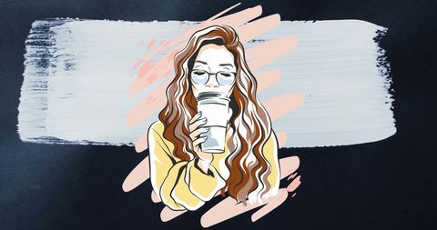 Stylized woman drinking takeaway coffee with artistic brushstroke