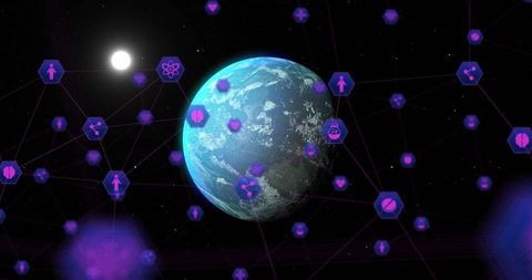 Earth in Space with Healthcare Network and Biotechnology Icons