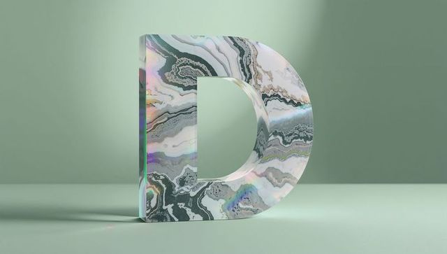 3d letter d with marble and holographic patterns in pastel green space