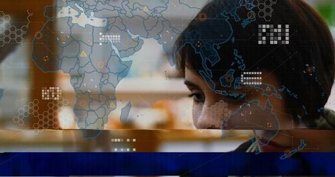 Professional Female Analyst with Digital World Map Overlay at Workplace