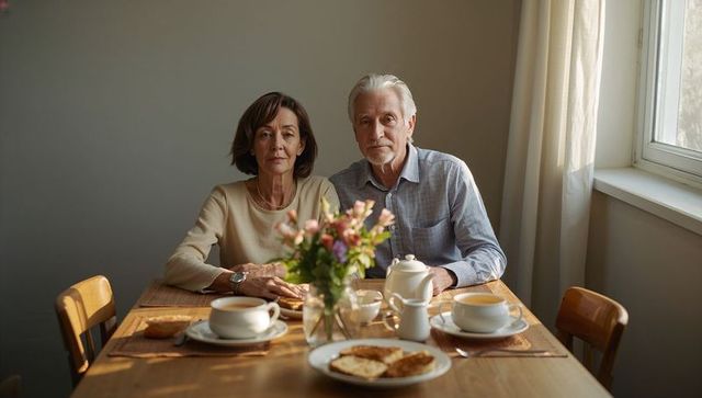 Senior couple sharing quiet morning tea at sunlit kitchen table