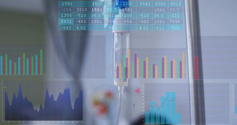 Highlighting iv drip and tubing with clinical data overlays in hospital bay, healthcare analytics