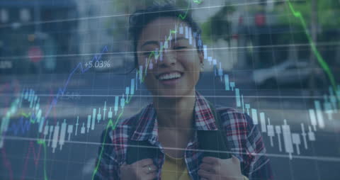 Smiling Woman and Financial Data Overlay Illustrate Global Market Insights