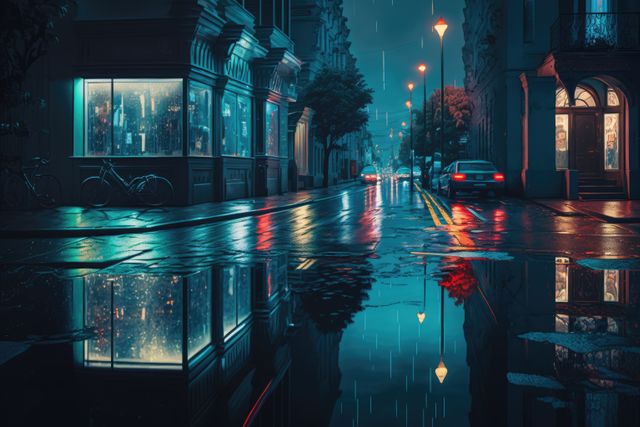 Moody urban street at night shows wet pavement reflecting building lights and street lamps. Street lights and illuminated shops add to the atmospheric vibe. Suitable for themes of urban life, night photography, reflections, serenity, weather impact, and city tranquility.
