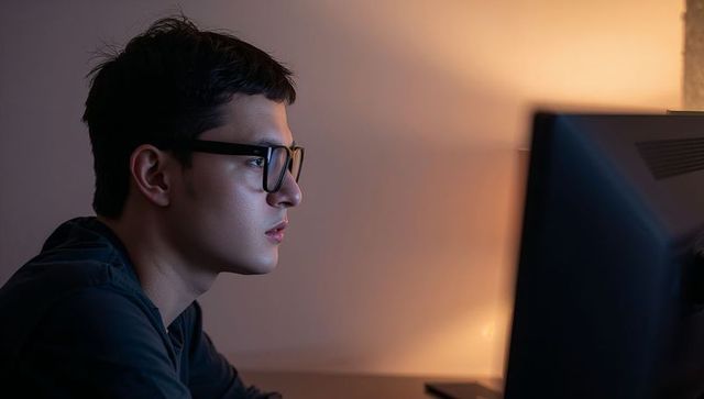 Focused Young Man Working Late at Computer Desk in Minimalistic Workspace