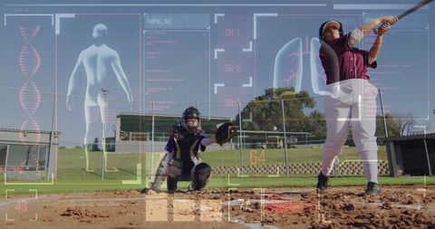 Baseball player analyzing data in augmented reality interface