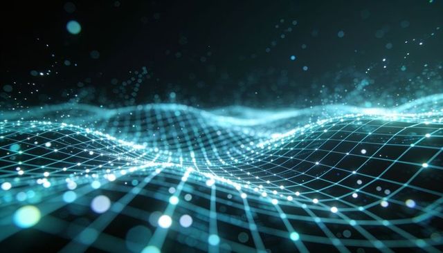Undulating teal wireframe grid representing digital network data flow and ai connectivity