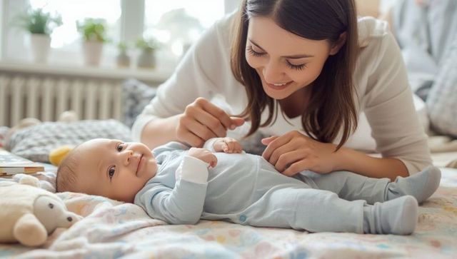Smiling Mother Playing with Baby on Cozy Bed in Nursery