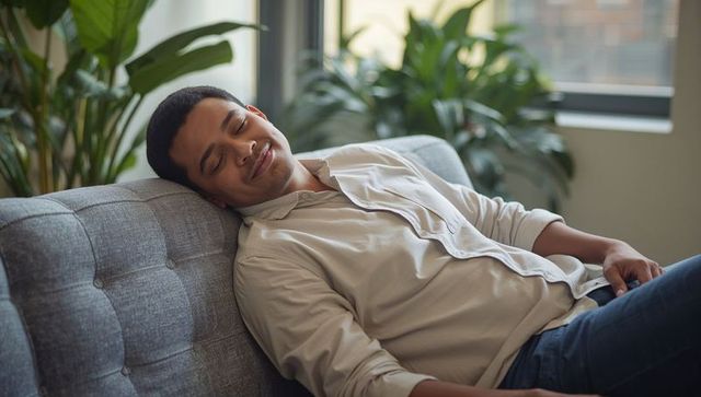 Relaxing man reclining on modern gray sofa with indoor plants and soft daylight