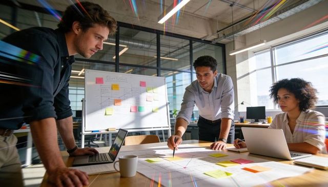 Cross-functional team planning product roadmap around table with sticky notes and laptops