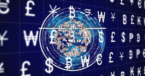 Forming Headshot Globe with Currency Symbols and HUD Rings for Global Fintech Network