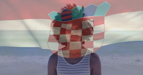 Smiling person on beach with croatian flag overlay and checkerboard coat of arms exposure